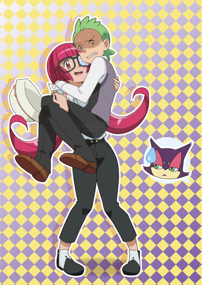 1boy 1girl aria_(pokemon_anime) bangs black_pants blunt_bangs brown_footwear carrying cilan_(pokemon) commentary english_commentary eyelashes gen_5_pokemon glasses green_eyes green_hair grey_vest long_hair long_sleeves noelia_ponce open_mouth orange_eyes pants pigeon-toed pokemon pokemon_(anime) pokemon_bw_(anime) pokemon_xy_(anime) purrloin scared shiny shiny_hair shirt shoes smile teeth tongue twintails vest white_shirt