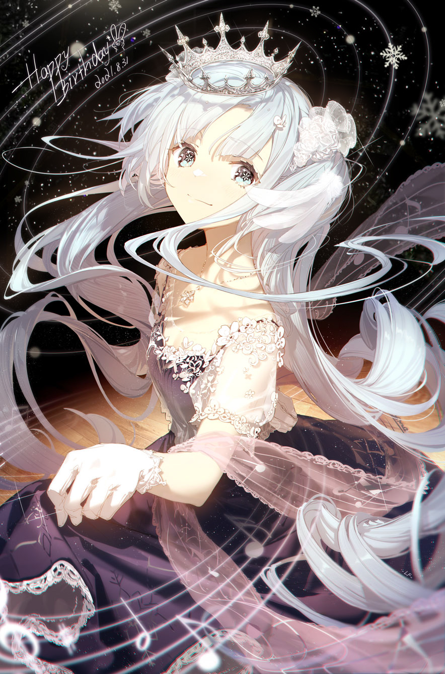 1girl black_dress blue_eyes blue_hair closed_mouth commentary_request dated dress gloves happy_birthday hatsune_miku highres lf long_hair looking_at_viewer puffy_short_sleeves puffy_sleeves see-through see-through_sleeves short_sleeves skirt_hold smile snowflakes solo symbol-shaped_pupils twintails very_long_hair vocaloid white_gloves yuki_miku yuki_miku_(2019)