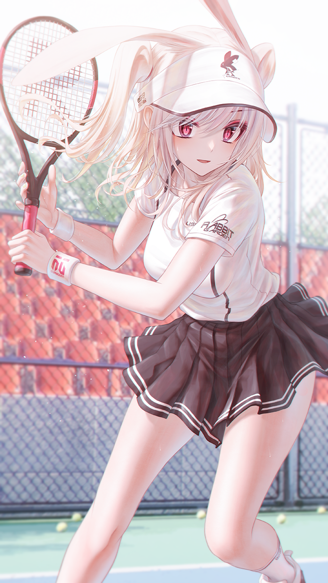 1girl animal_ears bae.c ball bangs black_skirt breasts chain-link_fence chair commentary day eyebrows_visible_through_hair feet_out_of_frame fence hair_between_eyes highres holding light_brown_hair medium_breasts outdoors parted_lips pleated_skirt rabbit_ears racket red_eyes shirt short_sleeves skirt smile socks solo sportswear standing sweatband symbol-only_commentary tennis_ball tennis_racket tennis_uniform tsumi_no_hahen_(debris) two_side_up visor_cap white_headwear white_legwear white_shirt wristband