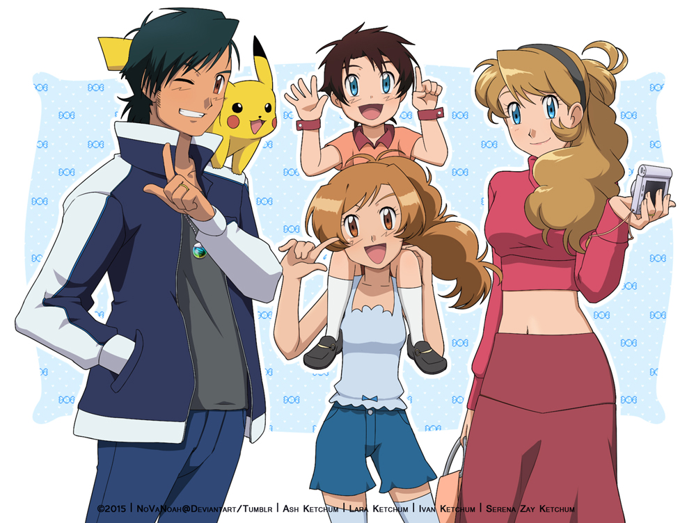 2boys 2girls :d ash_ketchum bangs black_hair blue_eyes blue_pants blue_shorts brown_eyes brown_hair camera character_name closed_mouth collared_shirt commentary crop_top english_commentary eyelashes gen_1_pokemon grey_shirt grin hairband hand_in_pocket hand_up holding holding_camera if_they_mated jacket jewelry light_brown_hair long_hair long_sleeves multiple_boys multiple_girls navel necklace noelia_ponce older one_eye_closed open_clothes open_jacket open_mouth pants pikachu pokemon pokemon_(anime) pokemon_(creature) pokemon_xy_(anime) shiny shiny_hair shirt short_hair shorts skirt sleeveless sleeveless_shirt smile teeth thigh-highs tongue