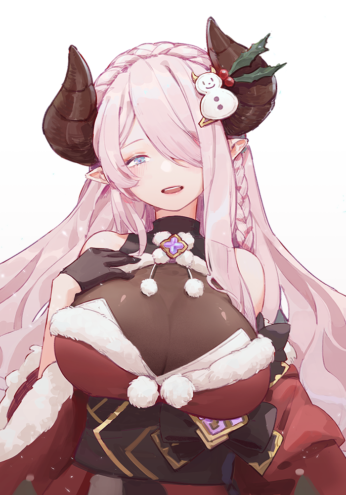 1girl bangs breasts fur_trim fuyumitsu granblue_fantasy hair_over_one_eye hand_on_own_chest head_tilt hors japanese_clothes kimono large_breasts long_hair narmaya_(granblue_fantasy) obi one_eye_covered pink_hair pointy_ears red_kimono sash smile snowman_hair_ornament solo violet_eyes