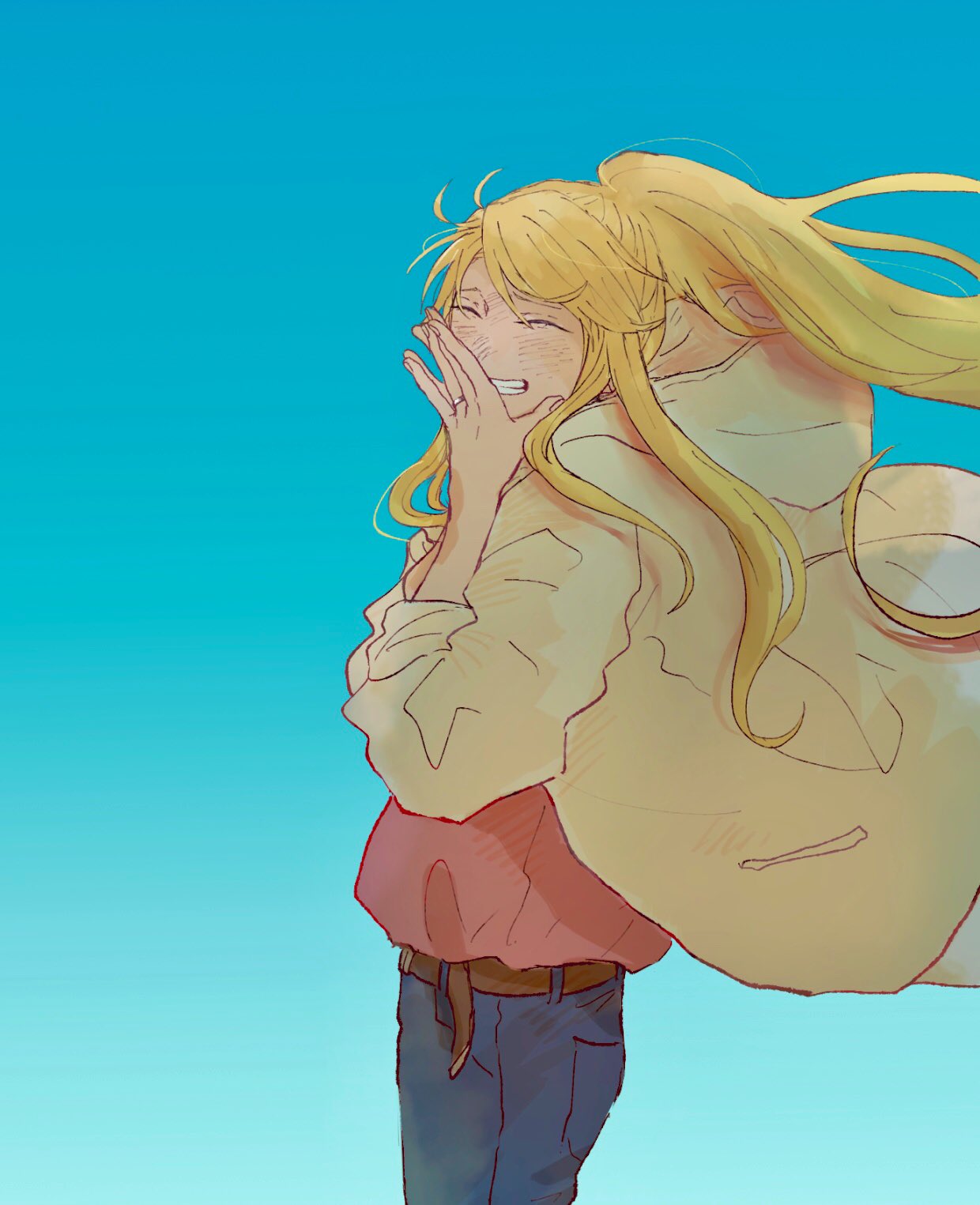 1girl blonde_hair blush closed_eyes coat fullmetal_alchemist hand_on_own_face highres jewelry looking_at_viewer ohs8zaf3j5 ring simple_background smile solo wedding_ring wind winry_rockbell