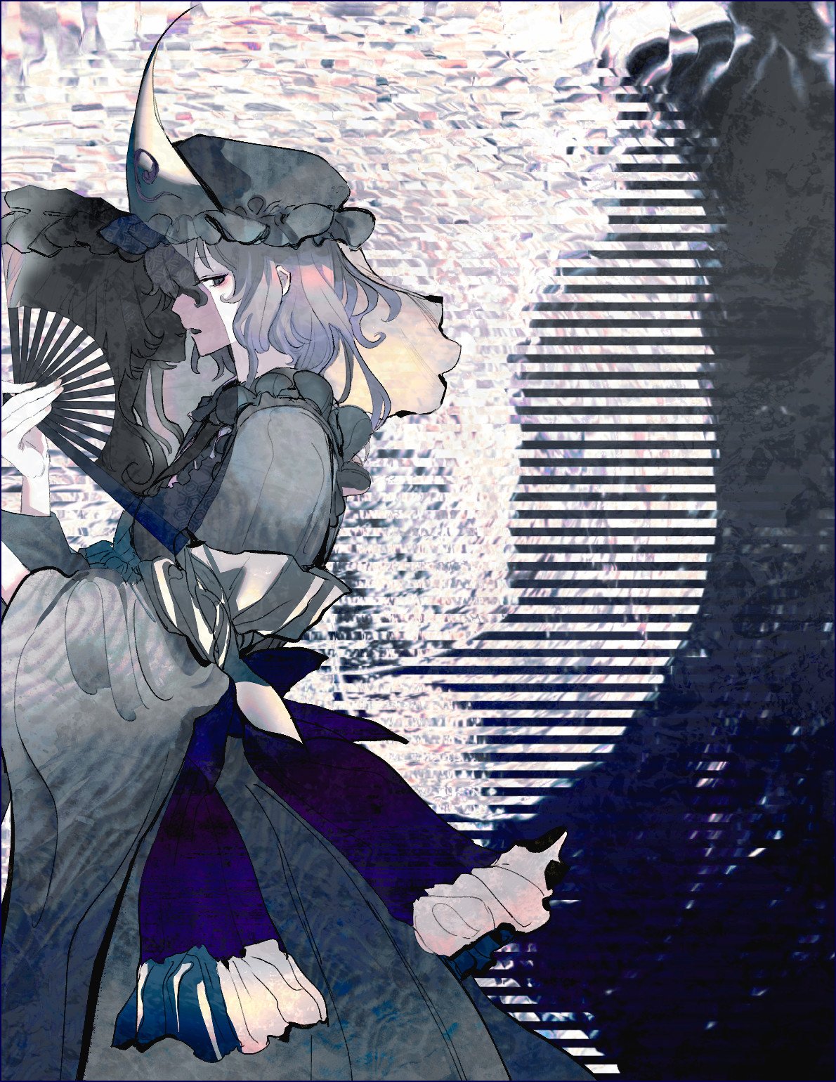 1girl bangs belt black_background blue_belt breasts collar collared_dress dress eyebrows_visible_through_hair grey_background grey_dress grey_eyes grey_hair grey_kimono hair_between_eyes hand_fan hands_up hat highres japanese_clothes kimono long_sleeves looking_at_viewer medium_breasts mob_cap on_(_l0_) open_mouth pink_hair saigyouji_yuyuko short_hair smile solo touhou white_background wide_sleeves