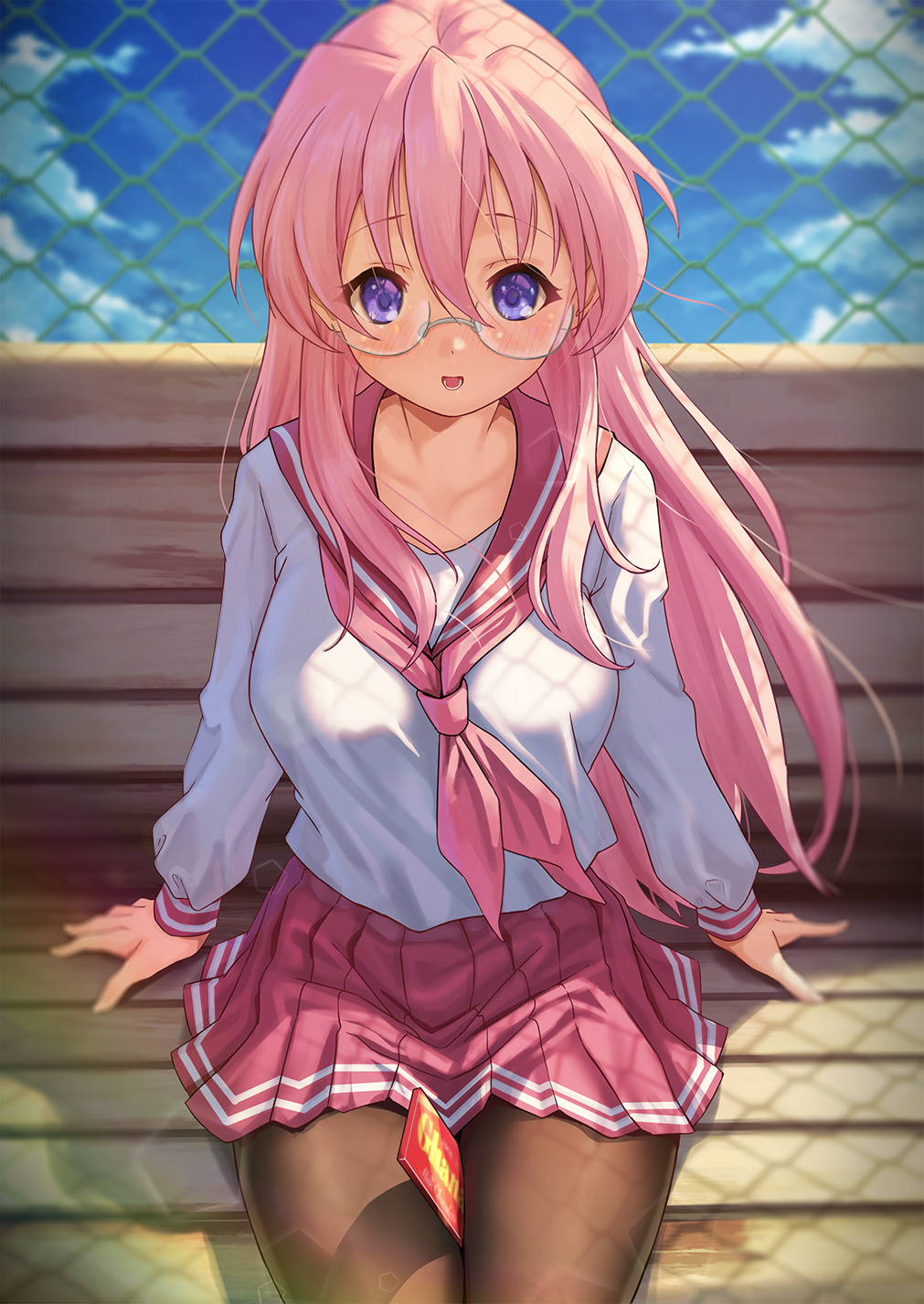 1girl arm_support bangs bench between_legs blush breasts brown_legwear chain-link_fence collarbone commentary_request day fence glasses hair_between_eyes highres large_breasts long_hair long_sleeves looking_at_viewer lower_teeth lucky_star open_mouth outdoors pantyhose pink_hair pink_neckwear pink_sailor_collar pink_skirt pleated_skirt sailor_collar school_uniform serafuku shirt sitting skirt smile solar_(happymonk) solo takara_miyuki violet_eyes white_shirt