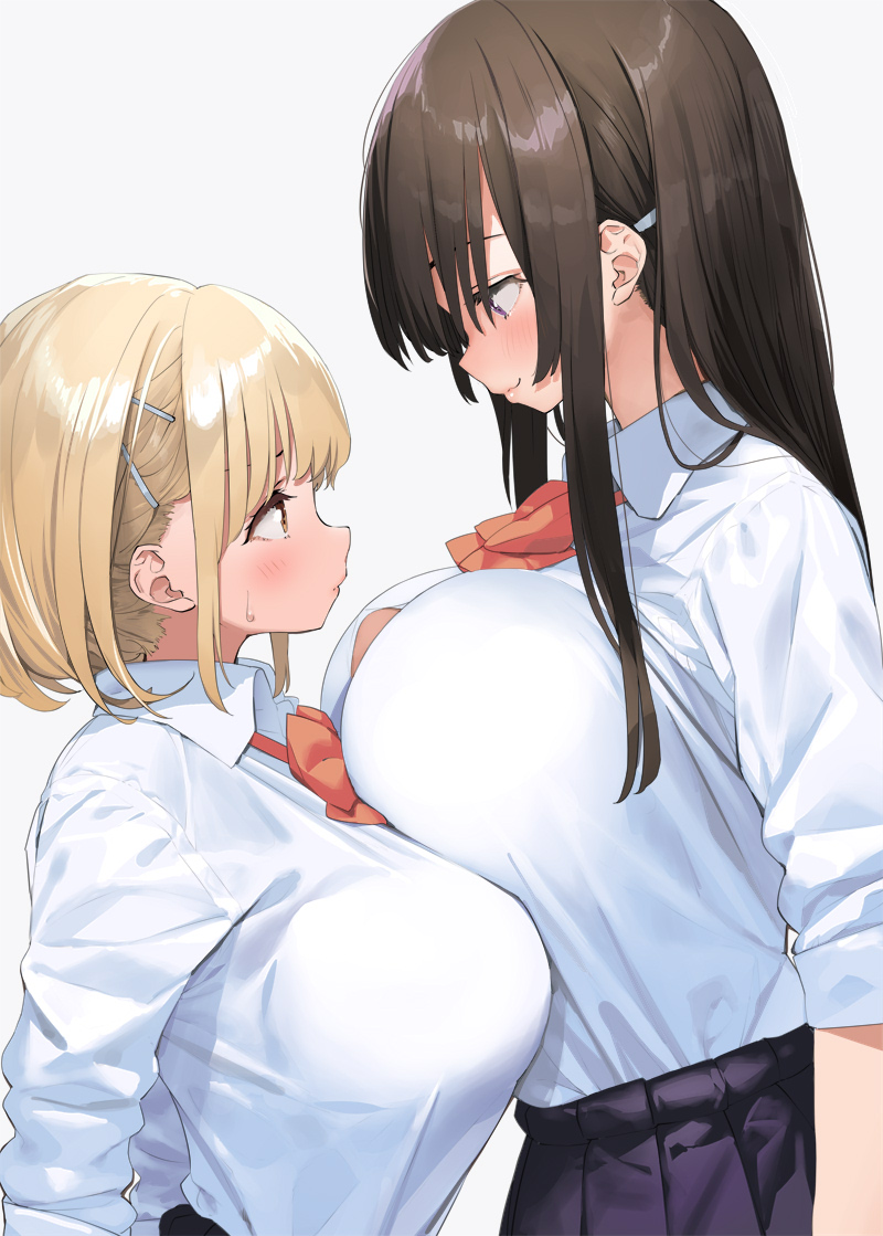 2girls black_skirt blonde_hair bow bowtie breast_rest breasts brown_eyes brown_hair button_gap closed_mouth grey_background hair_ornament hairclip height_difference kaisen_chuui large_breasts long_hair looking_at_another multiple_girls original raglan_sleeves red_neckwear school_uniform shirt short_hair simple_background skirt smile sweatdrop white_shirt