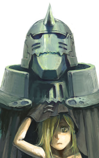 1boy alphonse_elric androgynous armor bare_arms bare_shoulders blonde_hair chainmail close-up closed_mouth collarbone expressionless face fullmetal_alchemist hair_over_one_eye hand_up helmet leaning_to_the_side lifting lifting_covers long_hair looking_at_viewer male_focus noako peeking_out shade sidelighting simple_background skinny solo_focus spiked_helmet spikes straight_hair white_background wide-eyed yellow_eyes