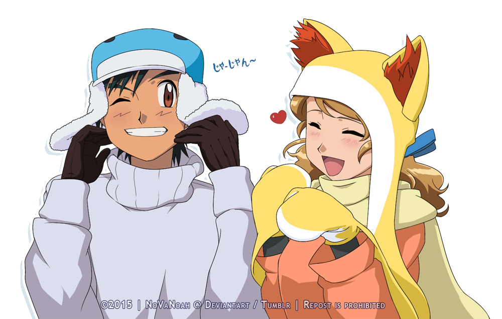 1boy 1girl :d ash_ketchum bangs black_hair blush brown_eyes brown_gloves closed_eyes eyelashes fennekin gen_6_pokemon gloves grey_sweater grin hands_up heart jacket long_sleeves mittens noelia_ponce open_mouth orange_jacket pokemon pokemon_(anime) pokemon_ears pokemon_xy_(anime) scarf serena_(pokemon) smile sweater teeth themed_object tongue yellow_headwear yellow_mittens yellow_scarf