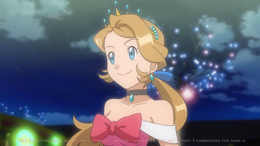 1girl blue_eyes blue_ribbon bow choker closed_mouth clouds collarbone commentary dress earrings english_commentary eyelashes hair_ribbon jewelry light light_brown_hair long_hair night noelia_ponce off-shoulder_dress off_shoulder older outdoors pokemon pokemon_(anime) pokemon_xy_(anime) ponytail red_bow ribbon serena_(pokemon) sky smile solo watermark