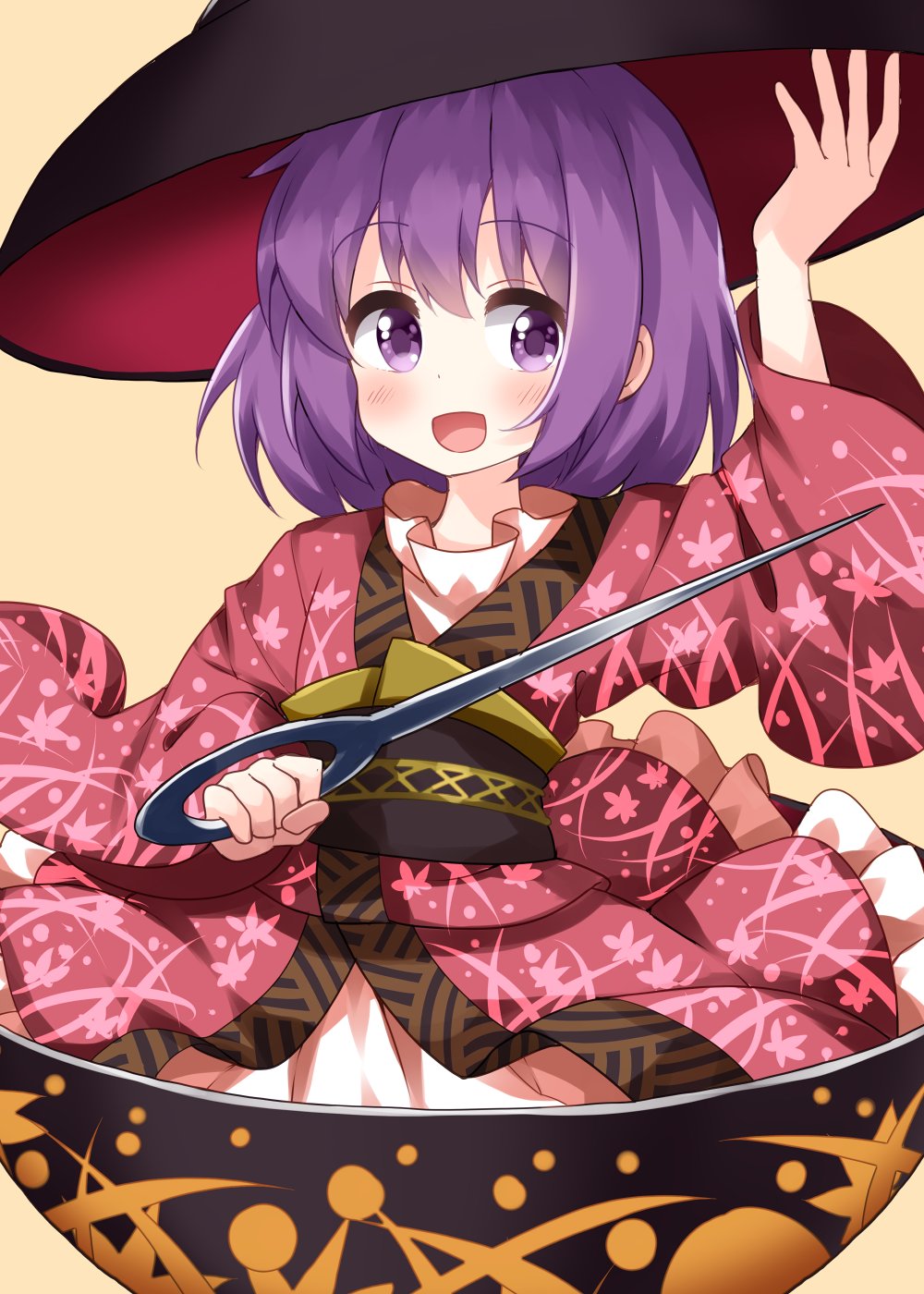 1girl arm_up bangs blush bowl bowl_hat eyebrows_visible_through_hair hair_between_eyes hand_up hat highres japanese_clothes kimono long_sleeves looking_to_the_side one-hour_drawing_challenge open_mouth purple_hair ruu_(tksymkw) short_hair simple_background smile solo sukuna_shinmyoumaru touhou violet_eyes wide_sleeves yellow_background