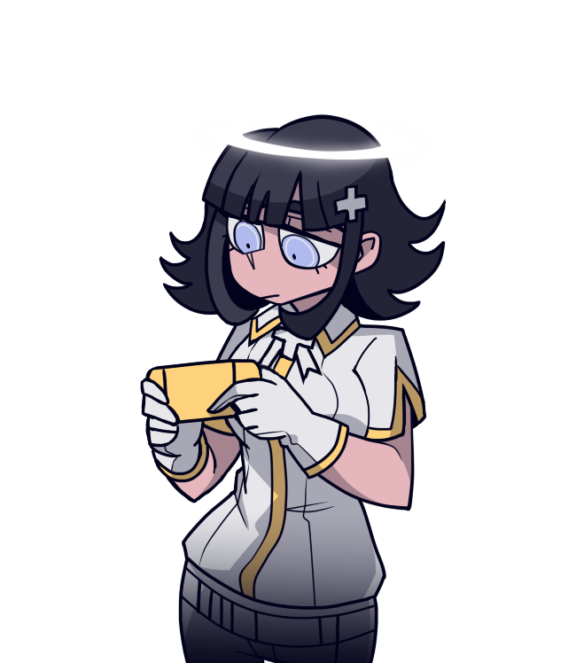 1girl alternate_eye_color alternate_hair_color alternate_hair_ornament azazel_(helltaker) azazel_(helltaker)_(cosplay) bangs bini_(xocolatl_501) black_hair blue_eyes breasts commentary_request cosplay cross_hair_ornament dangan_ronpa_(series) dangan_ronpa_2:_goodbye_despair flipped_hair gloves hair_ornament hairclip handheld_game_console helltaker holding holding_handheld_game_console jacket large_breasts medium_hair nanami_chiaki pants playing_games solo transparent_background white_gloves white_jacket white_pants