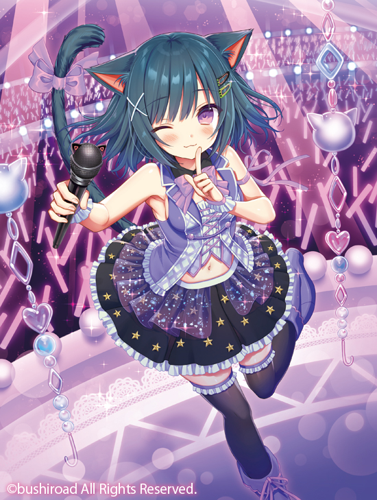 1girl ;) animal_ears bangs bare_shoulders black_hair black_legwear black_skirt blush boots cardfight!!_vanguard cat_ears cat_girl cat_tail character_request closed_mouth eyebrows_visible_through_hair frilled_legwear frilled_skirt frills glowstick hair_ornament hairclip hand_up holding holding_microphone microphone navel official_art one_eye_closed pleated_skirt purple_footwear purple_vest see-through shirt skirt smile solo standing standing_on_one_leg star_(symbol) tail tail_raised thigh-highs thighhighs_under_boots vest violet_eyes watermark white_shirt wrist_cuffs x_hair_ornament yuuki_rika