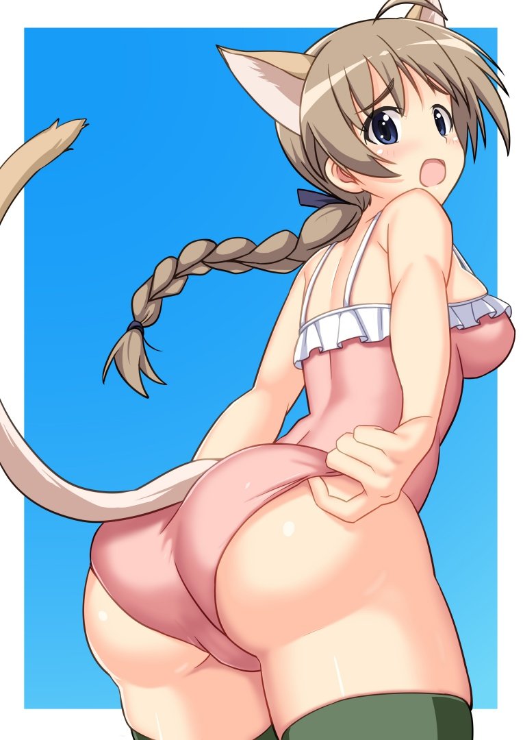 1girl adjusting_clothes adjusting_swimsuit ahoge animal_ears ass blue_background blush braid breasts cat_ears cowboy_shot from_behind from_side guchiaki large_breasts looking_at_viewer lynette_bishop one-piece_swimsuit outside_border pink_swimsuit single_braid skindentation solo strike_witches swimsuit thigh-highs white_background world_witches_series