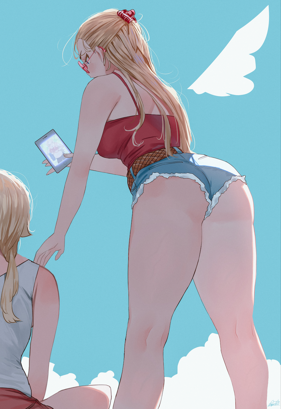 2girls ass bare_arms bare_legs bare_shoulders belt blonde_hair blue_eyes blue_shorts brown_belt cellphone drawn_wings from_behind fur-trimmed_shorts fur_trim highres holding holding_phone kneepits long_hair multiple_girls nape original phone red-framed_eyewear red_shirt ryusei_hashida shirt short_shorts shorts smartphone standing strapless strapless_shirt sunglasses white_shirt