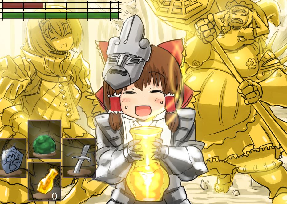 3girls :d alice_margatroid armor bangs blush bow braid breastplate brown_hair chosen_undead closed_eyes comedy commentary_request cookie_(touhou) cosplay cowboy_shot dark_souls_(series) dark_souls_i dragon_slayer_ornstein dragon_slayer_ornstein_(cosplay) estus_flask executioner_smough executioner_smough_(cosplay) eyebrows_visible_through_hair frilled_bow frills gold gold_armor hair_bow hairband hakurei_reimu hammer hat health_bar hinase_(cookie) holding holding_hammer kirisame_marisa long_hair mask mask_on_head multiple_girls open_mouth otemoto_(baaaaloooo) red_bow reu_(cookie) sakenomi_(cookie) short_hair side_braid single_braid smile touhou uzuki_(cookie) witch_hat