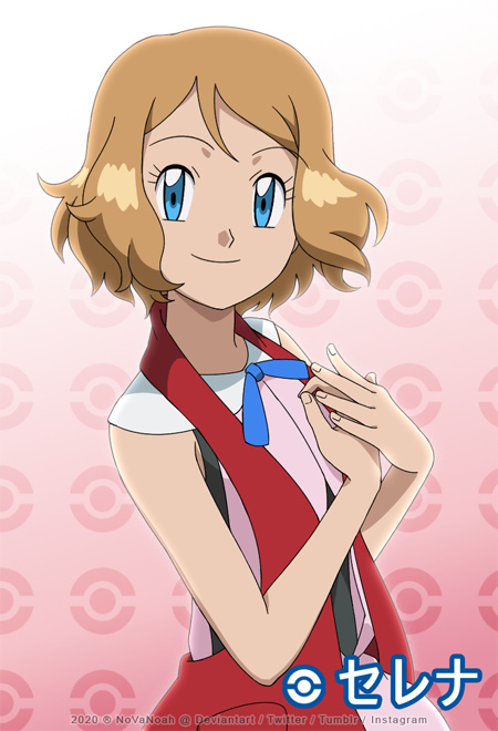 1girl bangs bare_arms blue_eyes blue_ribbon character_name closed_mouth commentary english_commentary eyelashes fingernails hands_up light_brown_hair looking_at_viewer neck_ribbon noelia_ponce own_hands_together poke_ball_symbol pokemon pokemon_(anime) pokemon_xy_(anime) ribbon serena_(pokemon) short_hair sleeveless smile solo upper_body