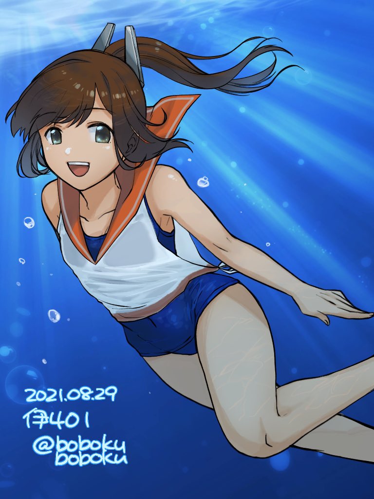 1girl blue_swimsuit bobokuboboku brown_eyes brown_hair character_name commentary_request dated feet_out_of_frame freediving hair_ornament hairclip i-401_(kancolle) kantai_collection long_hair looking_at_viewer one-hour_drawing_challenge open_mouth orange_sailor_collar ponytail sailor_collar school_swimsuit shirt side-tie_shirt sleeveless sleeveless_shirt smile solo swimming swimsuit swimsuit_under_clothes tan twitter_username underwater upper_teeth