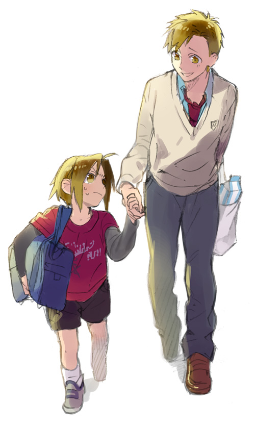 2boys age_difference ahoge alphonse_elric annoyed backlighting badge bag bangs beige_cardigan black_shorts blonde_hair blue_shirt brothers brown_footwear cardigan child closed_mouth clothes_writing collared_shirt edward_elric frown full_body fullmetal_alchemist grey_footwear grey_pants height_difference holding_hands layered_sleeves loafers long_sleeves looking_at_another looking_down looking_up male_focus medium_hair milk_carton multiple_boys necktie noako open_mouth pants parted_bangs plastic_bag red_neckwear red_shirt school_bag school_uniform shadow shirt shoes short_over_long_sleeves short_sleeves shorts shoulder_bag siblings side-by-side simple_background sneakers socks standing sweatdrop swept_bangs teenage time_paradox walking white_background white_legwear yellow_eyes