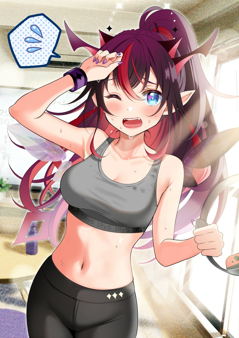 1girl alternate_hairstyle armpit_crease armpits blue_eyes breasts collarbone highres hololive hololive_english horns irys_(hololive) midriff nail_polish navel one_eye_closed open_mouth pants piyopoyo pointy_ears ponytail purple_nails redhead ring-con ring_fit_adventure solo spoken_sweatdrop sports_bra sweat sweatdrop virtual_youtuber wings yoga_pants