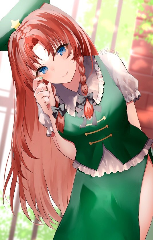 1girl bangs beret black_bow blue_eyes blurry blurry_background bow braid china_dress chinese_clothes closed_mouth dress eyebrows_visible_through_hair green_headwear green_nails green_skirt green_vest hair_bow hat hat_ornament hong_meiling leaning_to_the_side long_hair looking_at_viewer outdoors redhead sakizaki_saki-p shirt short_sleeves side_braids skirt smile solo standing star_(symbol) star_hat_ornament touhou twin_braids twitter_username vest white_shirt