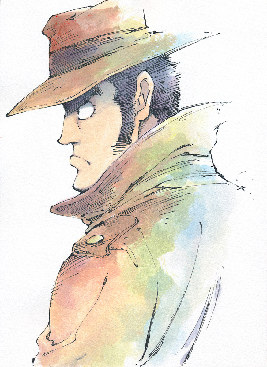 1boy agahari black_eyes black_hair brown_coat brown_headwear closed_mouth coat commentary_request grey_background hat highres looking_away lupin_iii male_focus short_hair simple_background traditional_media upper_body zenigata_kouichi