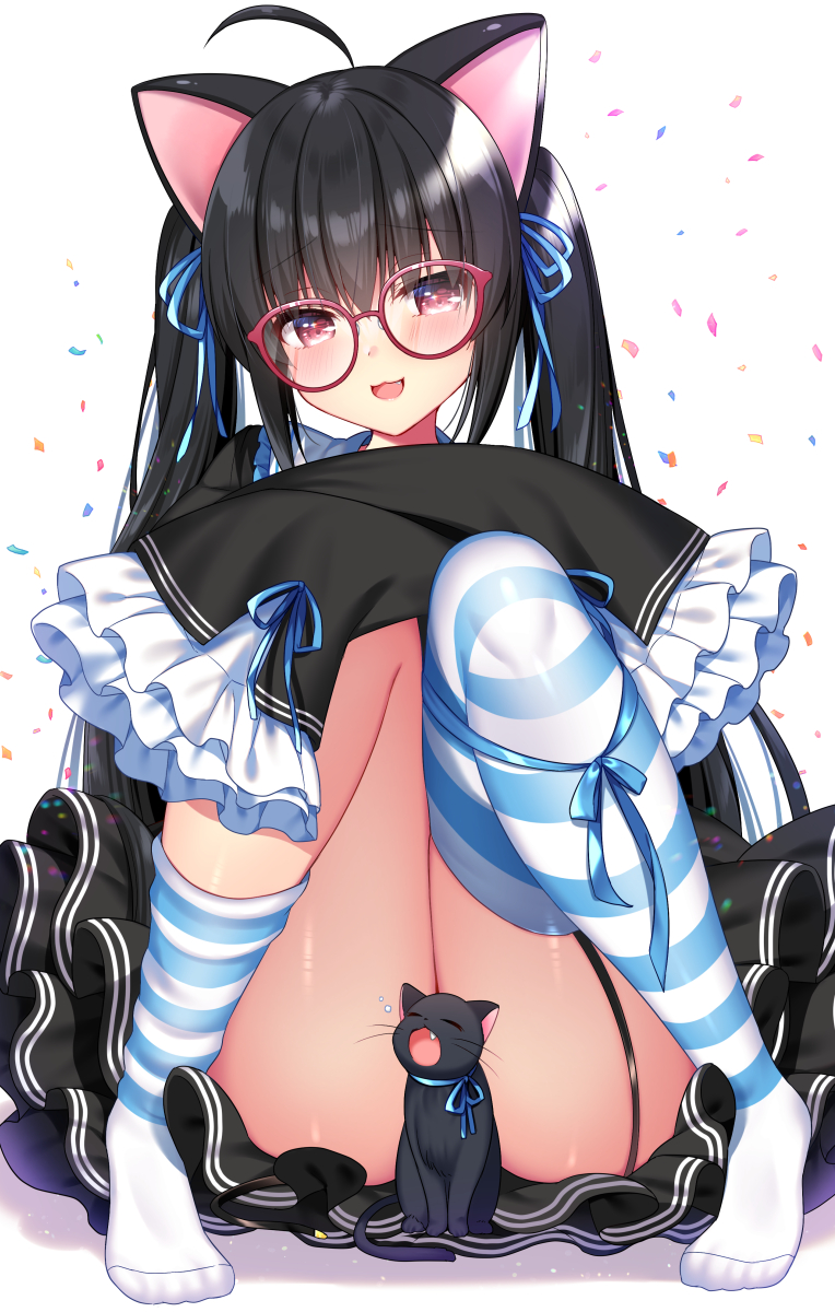 1girl :d ahoge animal_ears ass asymmetrical_legwear bangs black_hair black_shirt black_skirt blue_ribbon blush cat_ears closed_eyes commentary_request confetti convenient_censoring copyright_request eyebrows_visible_through_hair fang frilled_sleeves frills full_body garter_straps glasses hair_between_eyes hair_ribbon head_tilt highres knees_together_feet_apart knees_up layered_skirt long_hair long_sleeves no_shoes open_mouth pleated_skirt red-framed_eyewear red_eyes ribbon ringo_sui shadow shirt single_sock single_thighhigh sitting skirt sleeves_past_fingers sleeves_past_wrists smile socks solo striped striped_legwear thigh-highs twintails very_long_hair virtual_youtuber white_background