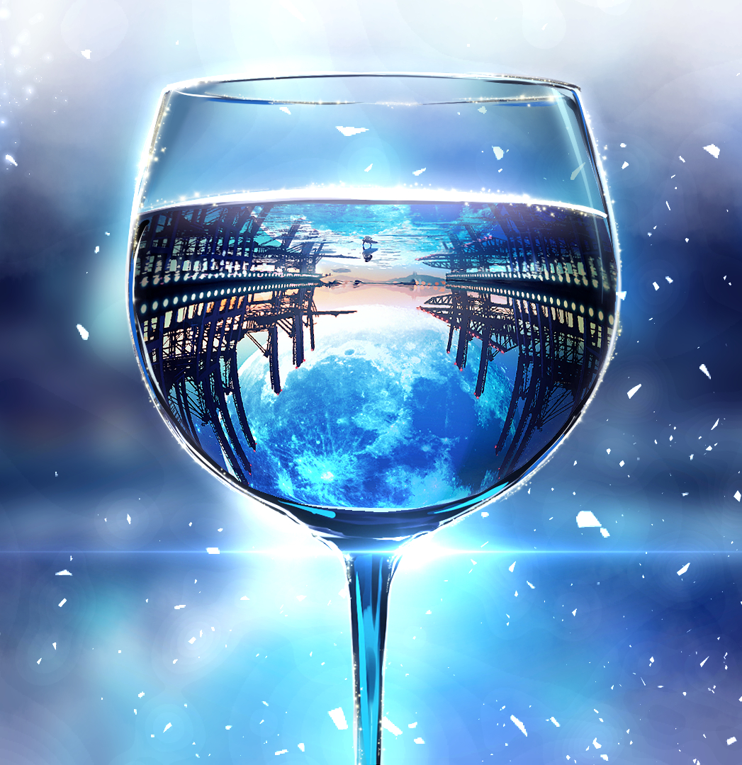 1other blue_theme clouds cup dock drinking_glass full_moon horizon lens_flare moon night night_sky original reflection scenery sky smile_(qd4nsvik) solo sparkle standing star_(sky) water