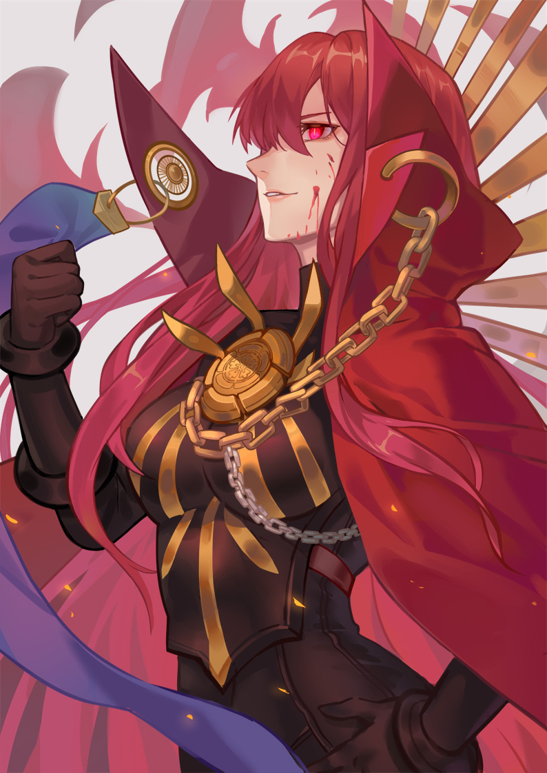 1girl black_bodysuit black_gloves blood blood_on_face bodysuit breasts cape chain clenched_hand collared_cape commentary_request family_crest fate/grand_order fate_(series) gloves glowing glowing_eyes hair_over_one_eye hand_on_hip jolker large_breasts long_hair oda_nobunaga_(fate)_(all) oda_nobunaga_(maou_avenger)_(fate) oda_uri popped_collar red_cape red_eyes redhead solo very_long_hair