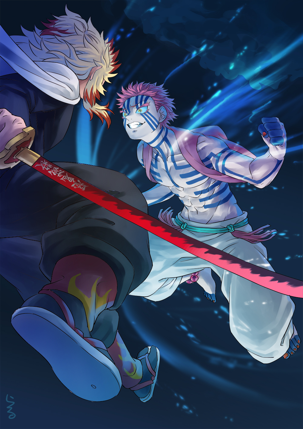 2boys akaza_(kimetsu_no_yaiba) black_jacket black_legwear black_pants blonde_hair cape clenched_hand clenched_teeth collarbone facial_mark fighting groin highres holding holding_sword holding_weapon jacket katana kimetsu_no_yaiba long_hair male_focus multicolored_hair multiple_boys nail_polish navel night outdoors pants pink_hair red_nails redhead remsor076 rengoku_kyoujurou sword tabi tattoo teeth two-tone_hair weapon white_cape white_pants