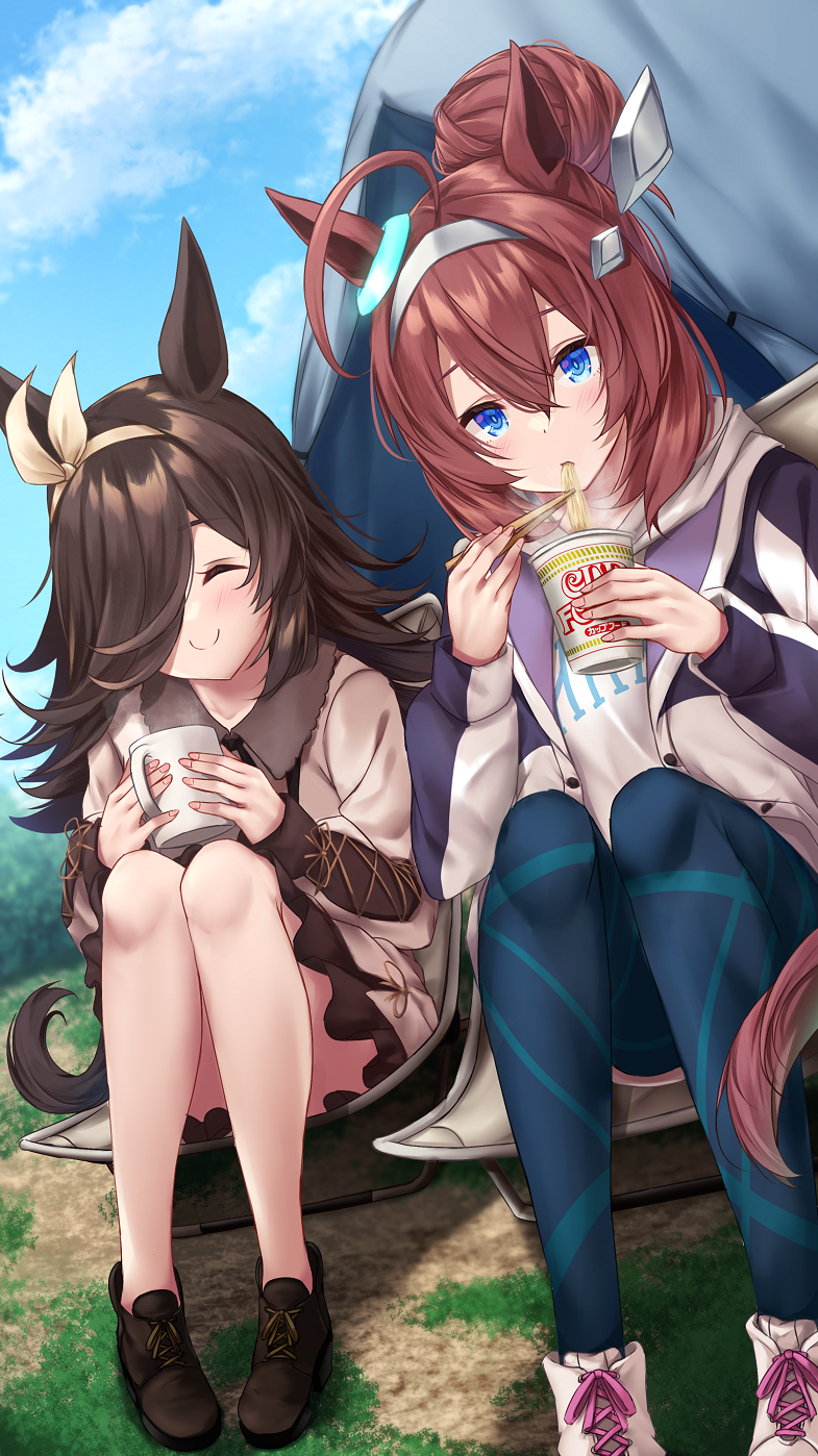 2girls ahoge alternate_hairstyle animal_ears blue_eyes blush brown_footwear brown_hair buttons camping chopsticks closed_eyes closed_mouth clothes_writing cup day dress eating grey_hairband hair_between_eyes hair_bun hair_over_one_eye hairband highres holding holding_chopsticks holding_cup horse_ears horse_girl jacket long_hair long_sleeves merxkialis mihono_bourbon_(umamusume) multiple_girls open_clothes open_jacket ramen rice_shower_(umamusume) shoes smile umamusume white_dress