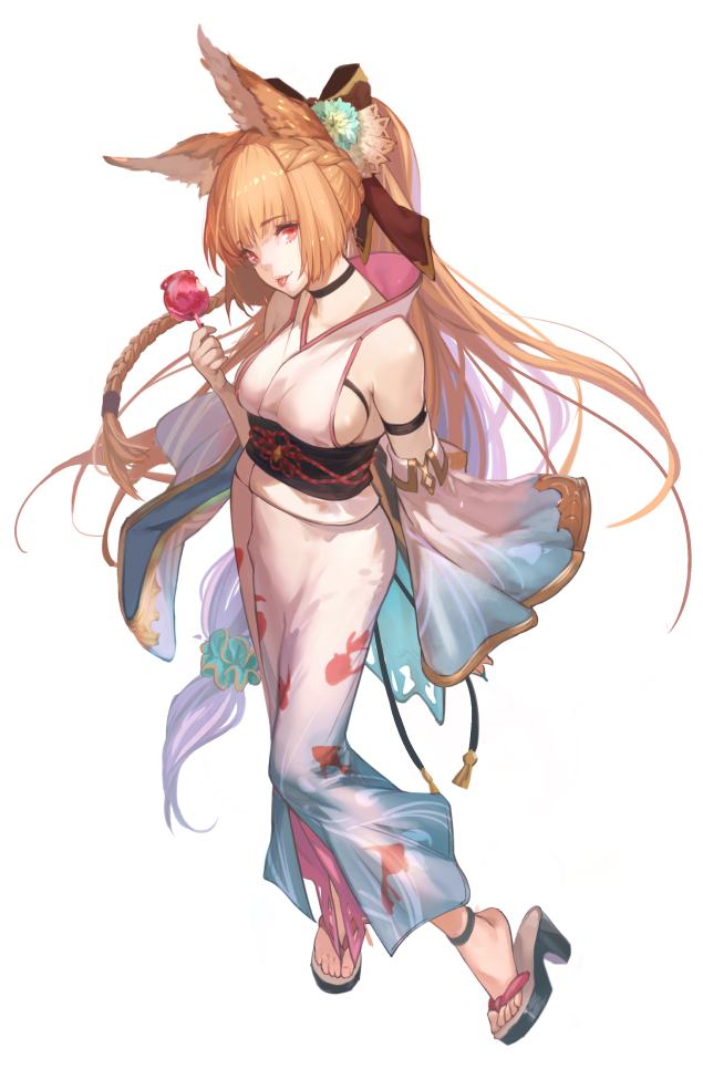 1girl animal_ears bangs blonde_hair braid breasts choker erune fantasy french_braid granblue_fantasy japanese_clothes kimono large_breasts long_hair looking_at_viewer sideboob solo standing tongue tongue_out ya99ru yuisis_(granblue_fantasy) yukata