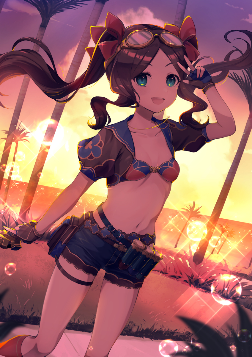 1girl :d aqua_eyes bangs belt bikini breasts brown_hair fate/grand_order fate_(series) fingerless_gloves gloves goggles goggles_on_head highres hsin jacket jewelry leonardo_da_vinci_(fate) looking_at_viewer navel necklace ocean open_mouth palm_tree parted_bangs shorts small_breasts smile solo sunset swimsuit teeth tree twintails w