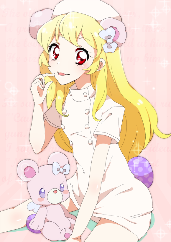 1girl angely_bear_(aikatsu) animal_ears bear_ears emyu_shimeji hoshimiya_ichigo no_pants nurse_cosplay on_floor purple_egg sparkle_background twitter_repost