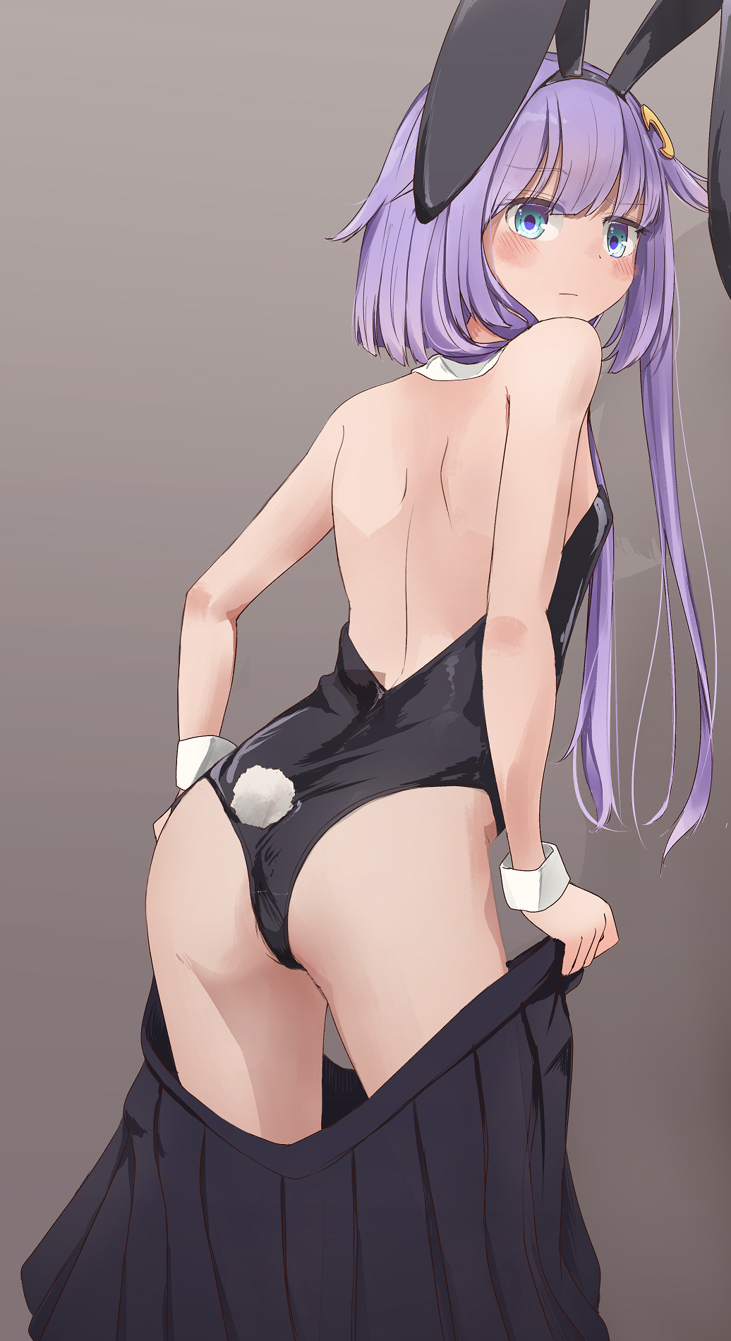 1girl animal_ears ass black_leotard black_skirt blue_eyes clothes_pull crescent crescent_hair_ornament detached_collar fake_animal_ears fake_tail hair_ornament highres kantai_collection leotard munehiro_(21plus) playboy_bunny pleated_skirt purple_hair rabbit_ears rabbit_tail short_hair short_hair_with_long_locks skirt skirt_pull solo strapless strapless_leotard tail wrist_cuffs yayoi_(kancolle)