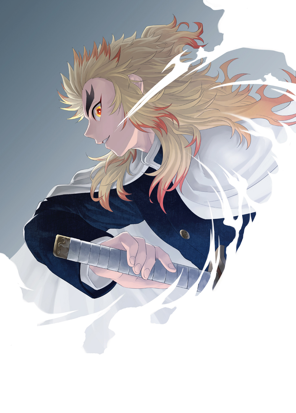 1boy black_jacket blonde_hair cape floating_hair grey_background grin highres holding holding_sword holding_weapon jacket kimetsu_no_yaiba long_hair long_sleeves looking_at_viewer looking_to_the_side male_focus multicolored_hair orange_hair profile remsor076 rengoku_kyoujurou sheath smile solo sword two-tone_hair unsheathing upper_body weapon white_cape yellow_eyes
