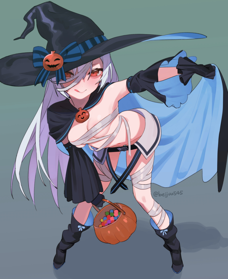 :p beijuu blush breasts detached_sleeves girls_frontline halloween halloween_costume hat orange_eyes silver_hair tokarev_(girls_frontline) tongue tongue_out witch_hat