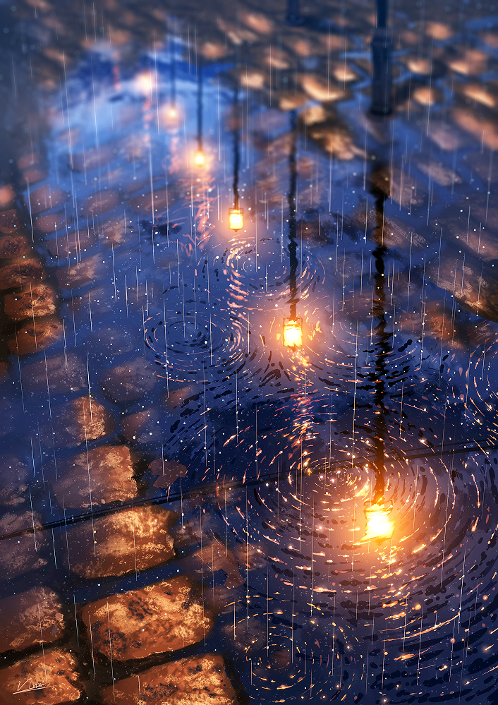 brick brick_floor clouds dark lamppost night no_humans original puddle rain reflection ripples road scenery signature sky sparkle street vinci_v7 water