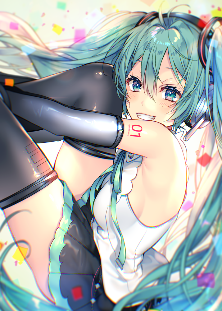 1girl bangs bare_shoulders black_legwear black_skirt black_sleeves blue_eyes collared_shirt commentary_request detached_sleeves eyebrows_visible_through_hair feet_out_of_frame green_hair grin hair_between_eyes hatsune_miku headphones legs_up long_hair long_sleeves looking_at_viewer looking_to_the_side pleated_skirt shiomizu_(swat) shirt skirt sleeveless sleeveless_shirt smile solo thigh-highs twintails very_long_hair vocaloid white_shirt