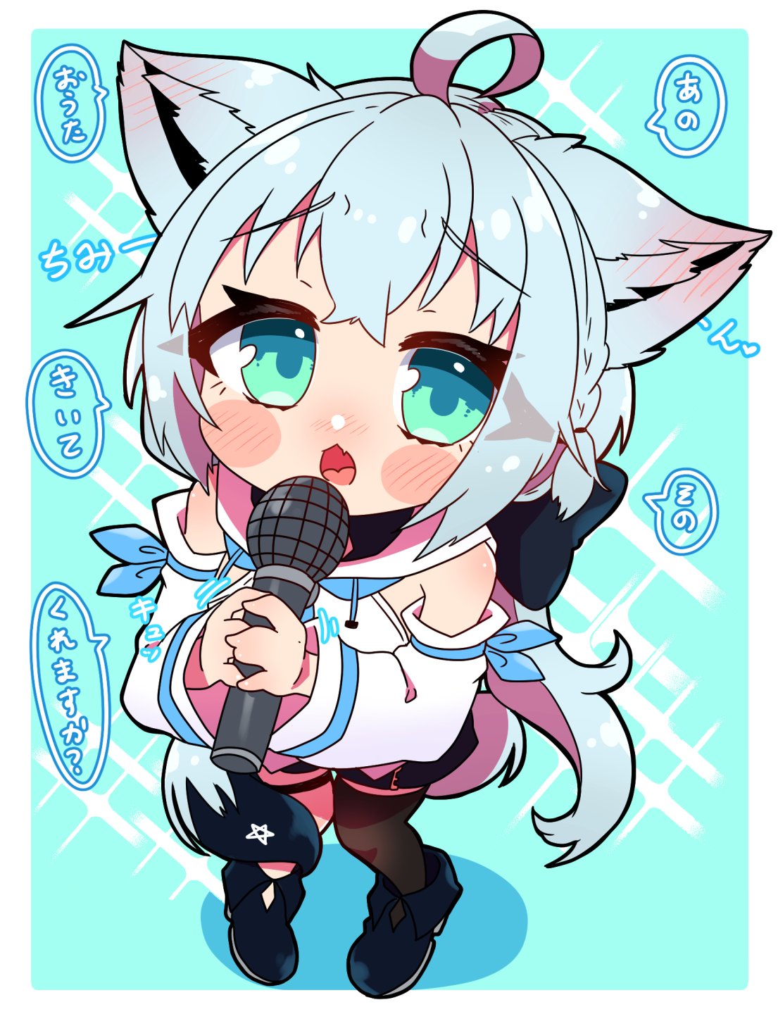 1girl ahoge animal_ears bangs black_bow blue_background blush border bow braid child commentary_request detached_sleeves ear_blush eyebrows_visible_through_hair fox_ears fox_girl fox_tail green_eyes hair_between_eyes hair_bow highres holding holding_microphone hololive hood hoodie long_hair looking_at_viewer looking_up microphone open_mouth pentagram sakuramochi_(sakura_frappe) shirakami_fubuki sidelocks single_braid single_thighhigh solo tail tail_around_leg thigh-highs thigh_strap translation_request virtual_youtuber white_hair white_hoodie