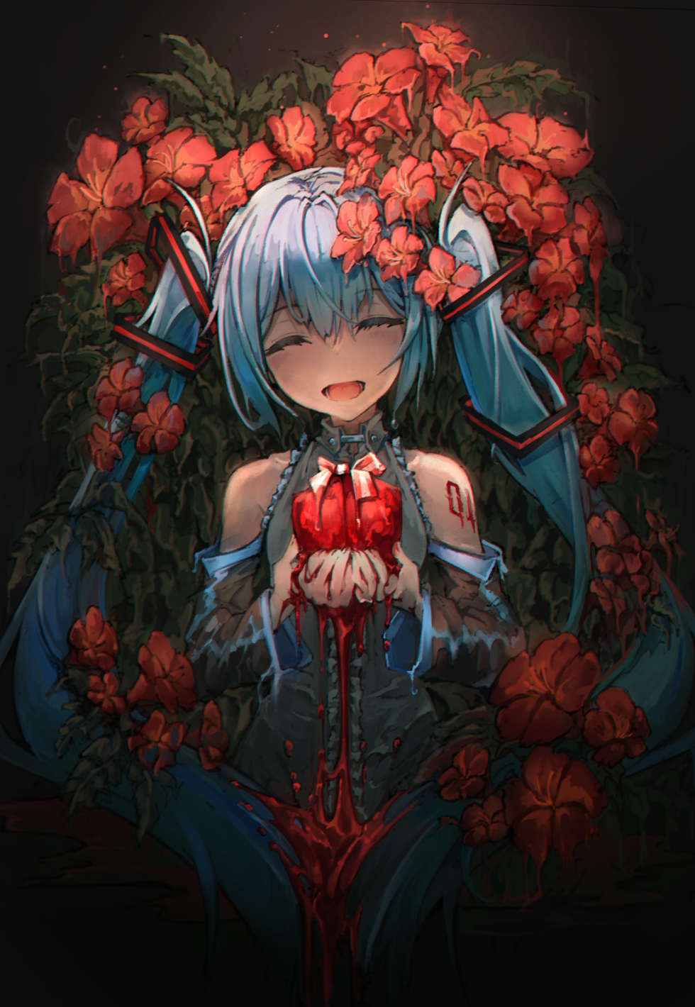 1girl aqua_hair arm_tattoo bangs box closed_eyes detached_sleeves eyebrows_visible_through_hair flower gift gift_box hatsune_miku highres holding holding_gift kajaneko open_mouth solo tattoo twintails upper_body vocaloid