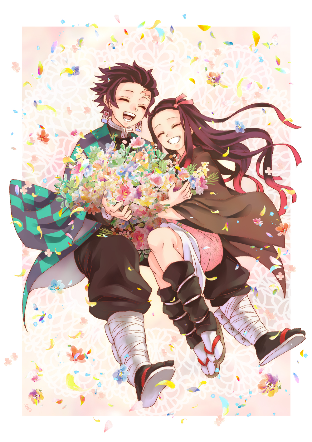 1boy 1girl :d ^_^ black_legwear black_pants border brother_and_sister brown_hair checkered closed_eyes earrings floating_hair flower gradient_hair grin hair_ribbon hanafuda haori highres holding holding_flower japanese_clothes jewelry kamado_nezuko kamado_tanjirou kimetsu_no_yaiba kimono long_hair multicolored_hair open_mouth outside_border pants pink_kimono pink_ribbon print_kimono redhead remsor076 ribbon short_hair short_kimono siblings smile tabi very_long_hair white_border white_legwear