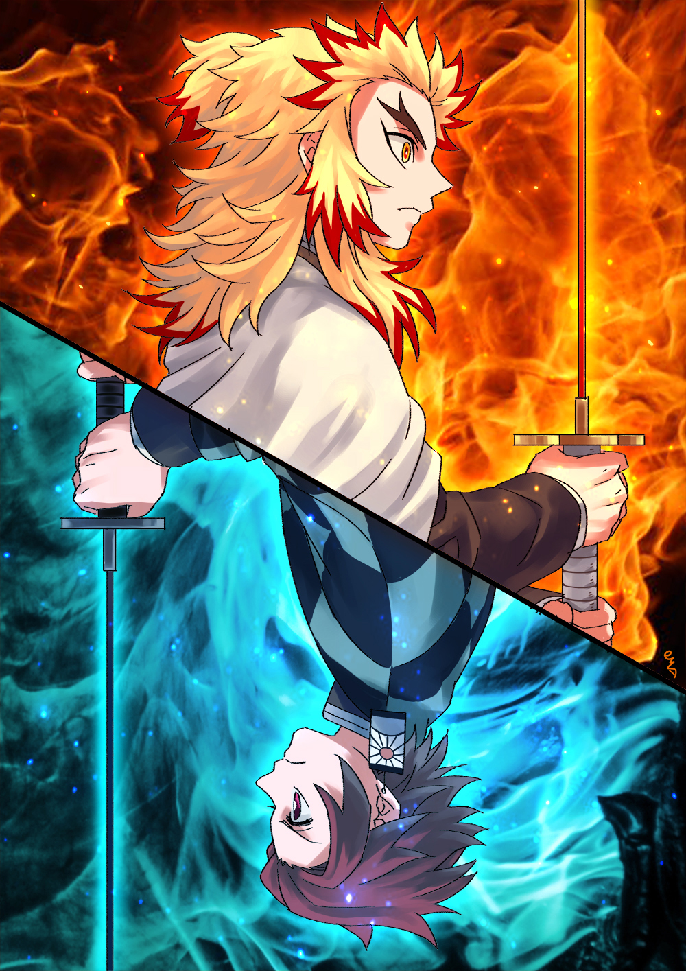 2boys black_jacket blonde_hair brown_hair cape closed_mouth earrings fire frown hanafuda haori highres holding holding_sword holding_weapon jacket japanese_clothes jewelry kamado_tanjirou katana kimetsu_no_yaiba long_sleeves male_focus multicolored_hair multiple_boys profile red_eyes redhead remsor076 rengoku_kyoujurou short_hair smile split_screen sword two-tone_hair weapon white_cape yellow_eyes