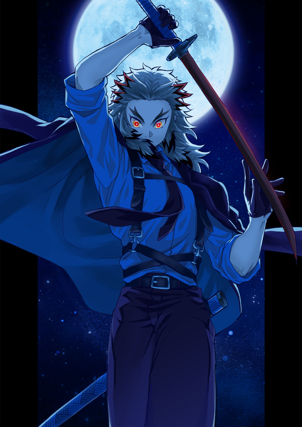 1boy arm_up black_gloves black_neckwear full_moon gloves highres holding holding_sword holding_weapon jacket jacket_on_shoulders katana kimetsu_no_yaiba long_hair looking_at_viewer male_focus moon multicolored_hair necktie night orange_eyes outdoors pants purple_pants purple_shirt redhead remsor076 rengoku_kyoujurou sheath shirt sky solo standing star_(sky) starry_sky sword two-tone_hair unsheathed v-shaped_eyebrows weapon