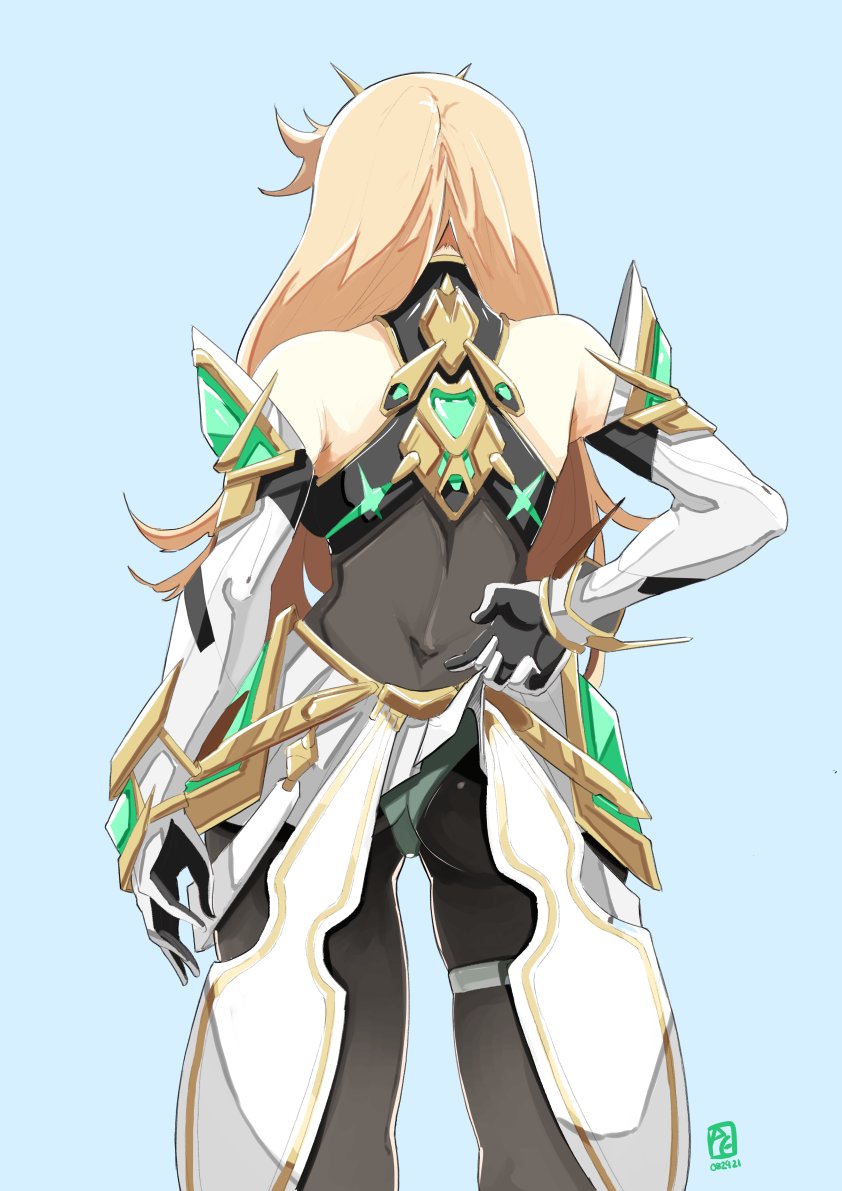 1girl ass automatic_giraffe blonde_hair bodystocking clothes_lift detached_sleeves from_behind gloves long_hair miniskirt mythra_(xenoblade) panties pantyhose pleated_skirt skirt skirt_lift solo standing thigh_gap thigh_strap tiara underwear xenoblade_chronicles_(series) xenoblade_chronicles_2