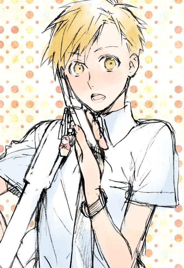 1boy alphonse_elric bag bangs bishounen blonde_hair cellphone cellphone_charm charm_(object) collared_shirt doll dress_shirt eyebrows_visible_through_hair fingernails flip_phone fullmetal_alchemist hand_on_shoulder hand_up lower_teeth male_focus matryoshka_doll necktie noako orange_background pale_color parted_lips phone polka_dot polka_dot_background school_bag school_uniform shirt short_sleeves shoulder_bag sketch skinny swept_bangs tareme teeth two-tone_background upper_body upper_teeth watch watch wide-eyed yellow_background yellow_eyes