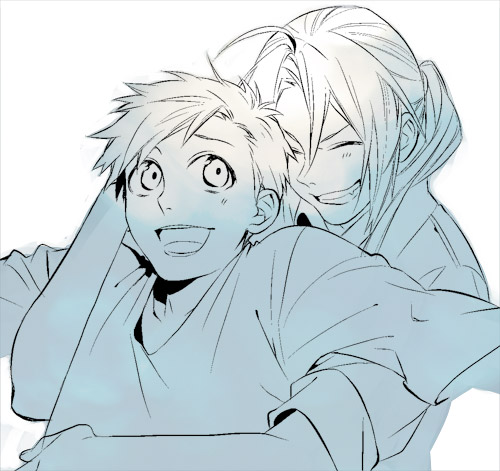 2boys ahoge alphonse_elric arms_at_sides arms_up bangs blue_theme brothers clenched_teeth close-up closed_eyes collarbone edward_elric facing_viewer fang fullmetal_alchemist gradient grin hand_on_another's_waist hug hug_from_behind laughing light_blush limited_palette locked_arms looking_at_another looking_back lowres male_focus multiple_boys noako open_mouth parted_bangs ponytail raised_eyebrow shirt siblings simple_background smile swept_bangs tareme teeth tongue upper_body upper_teeth white_background wide-eyed
