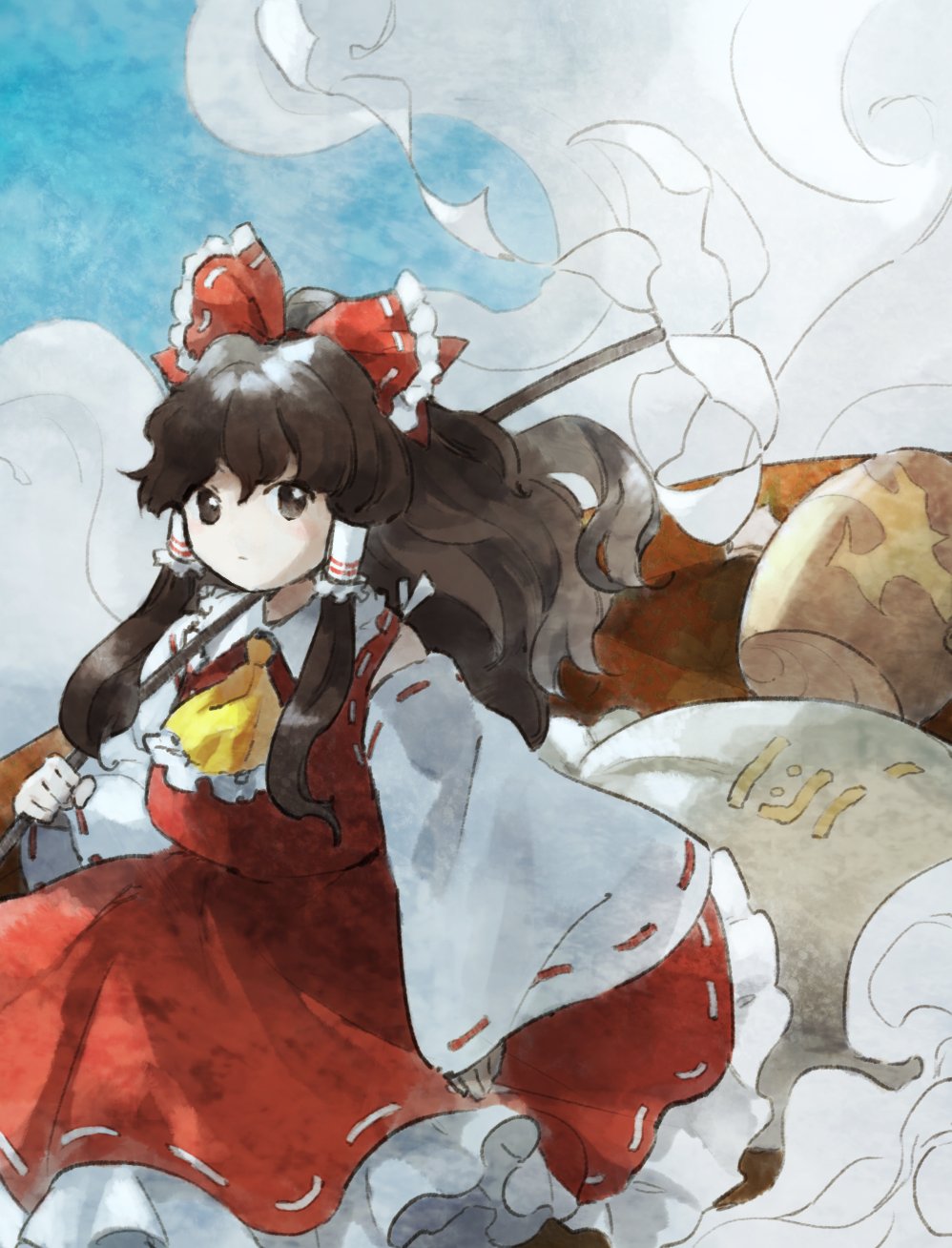 1girl ascot bangs blue_background bow brown_eyes brown_hair cowboy_shot detached_sleeves frilled_bow frilled_hair_tubes frills gohei hair_bow hair_tubes hakurei_reimu highres holding kaigen_1025 long_hair long_sleeves looking_at_viewer over_shoulder red_bow red_shirt red_skirt shirt skirt solo title_screen touhou undefined_fantastic_object wide_sleeves wind yellow_neckwear