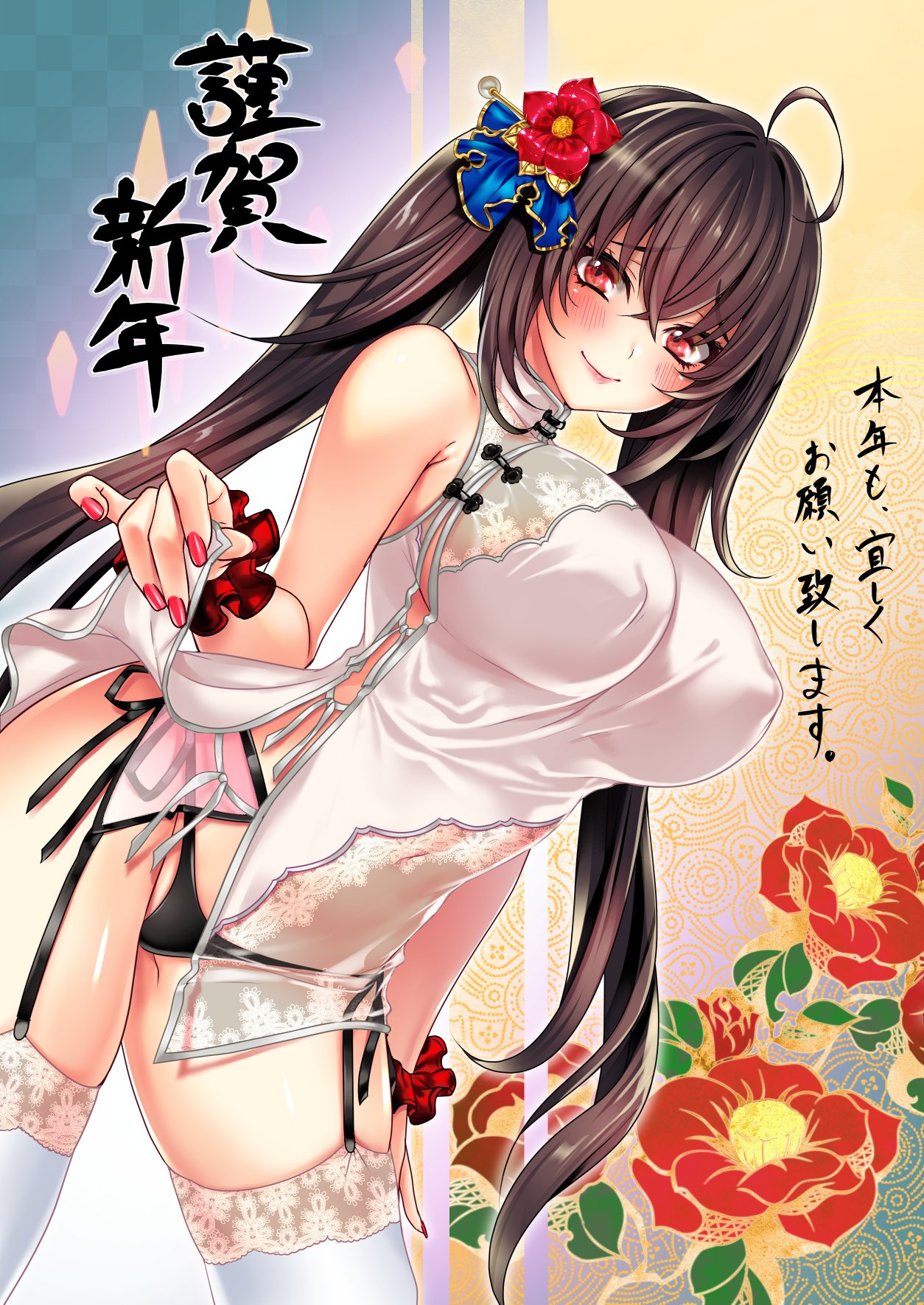 1girl akagi_rio bangs bare_shoulders black_panties breasts brown_hair china_dress chinese_clothes clothes_lift covered_nipples dress dress_lift flower garter_straps hair_flower hair_ornament hair_tie halter_dress halterneck highres large_breasts legs_apart nail_polish navel original panties panty_peek red_eyes seductive_smile see-through smile solo string_panties thigh-highs twintails underwear white_legwear