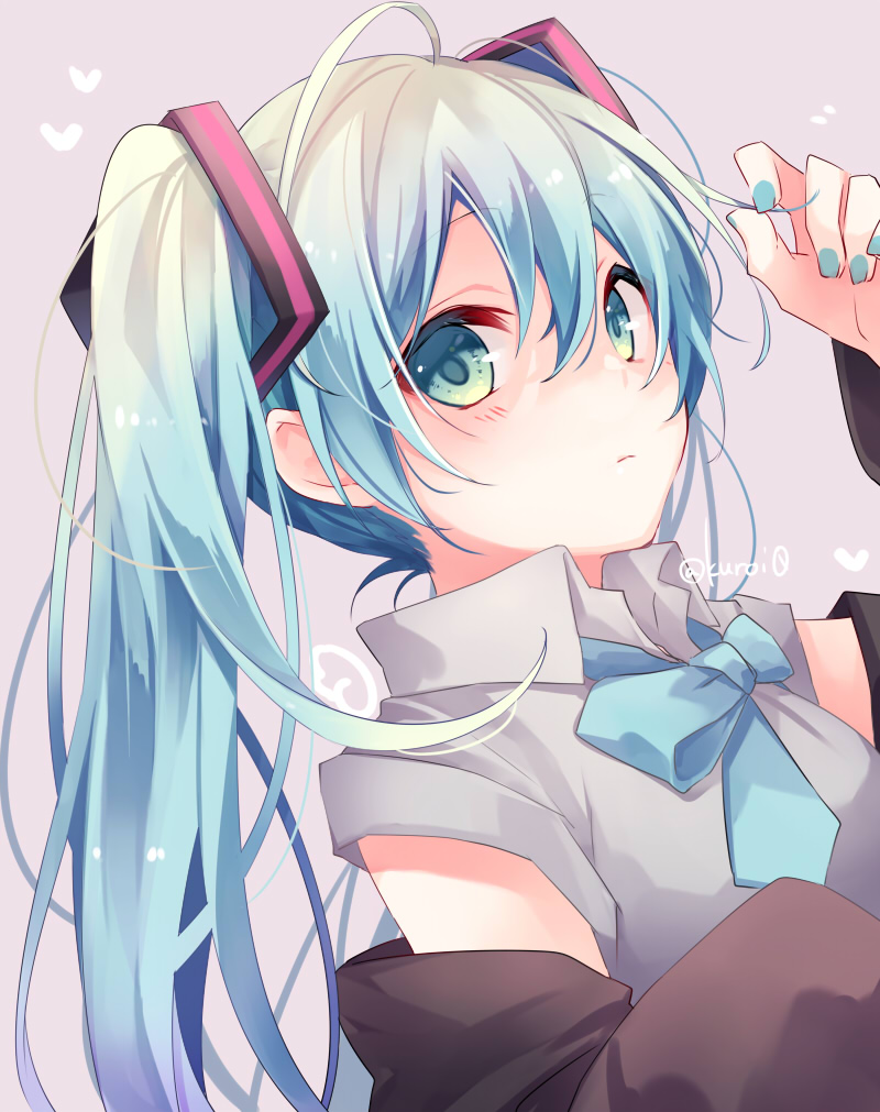 1girl ahoge arm_up bangs black_sleeves blue_bow blue_hair blue_nails blush bow closed_mouth collared_shirt commentary_request detached_sleeves eyebrows_visible_through_hair green_eyes grey_background grey_shirt hair_between_eyes hatsune_miku heart kuroi_(liar-player) long_hair long_sleeves nail_polish shirt simple_background sleeveless sleeveless_shirt solo twintails twitter_username upper_body very_long_hair vocaloid