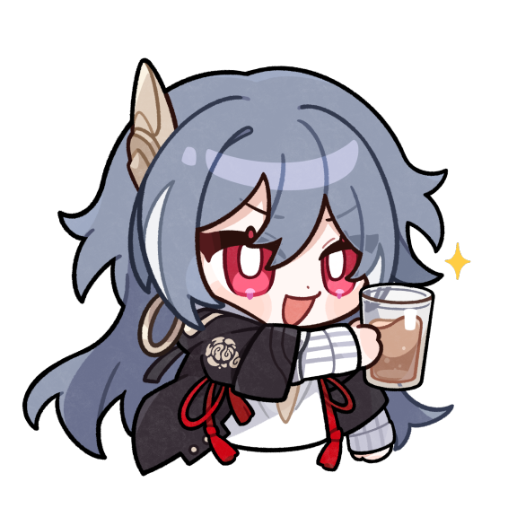 1girl :d bangs black_jacket casual cup fu_hua fu_hua_(herrscher_of_sentience) grey_hair hair_between_eyes hair_ornament holding holding_cup honkai_(series) honkai_impact_3rd jacket long_hair looking_at_viewer milk_tea multicolored_hair official_art open_mouth red_eyes simple_background smile solo streaked_hair white_background