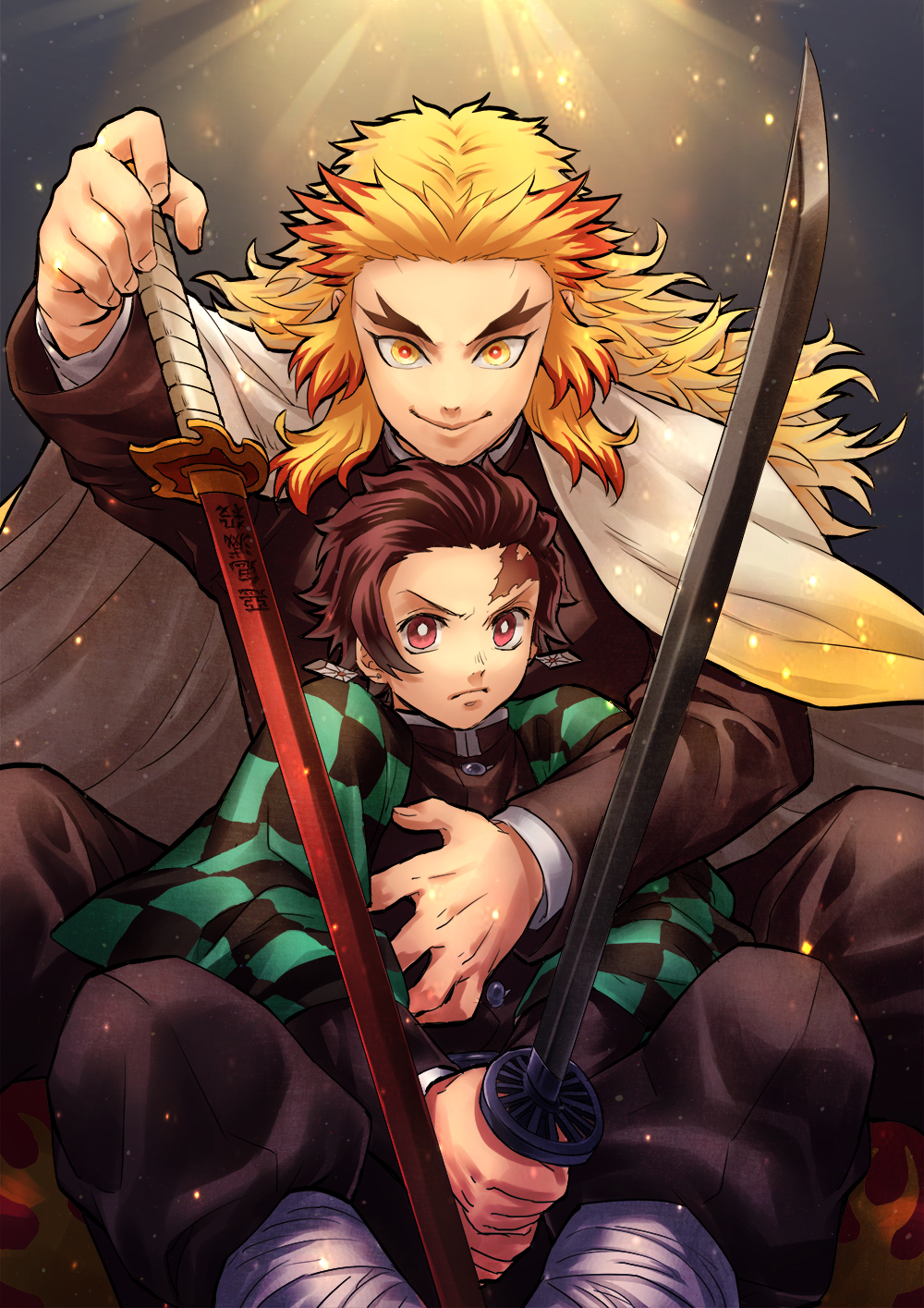 2boys black_jacket black_pants blonde_hair brown_hair burn_scar cape checkered closed_mouth frown gradient_cape hand_on_hilt haori highres holding holding_sword holding_weapon jacket japanese_clothes kamado_tanjirou katana kimetsu_no_yaiba long_sleeves looking_at_viewer multicolored_hair multiple_boys orange_hair pants red_eyes remsor076 rengoku_kyoujurou scar sitting smile sword two-tone_hair v-shaped_eyebrows weapon white_cape yellow_cape yellow_eyes